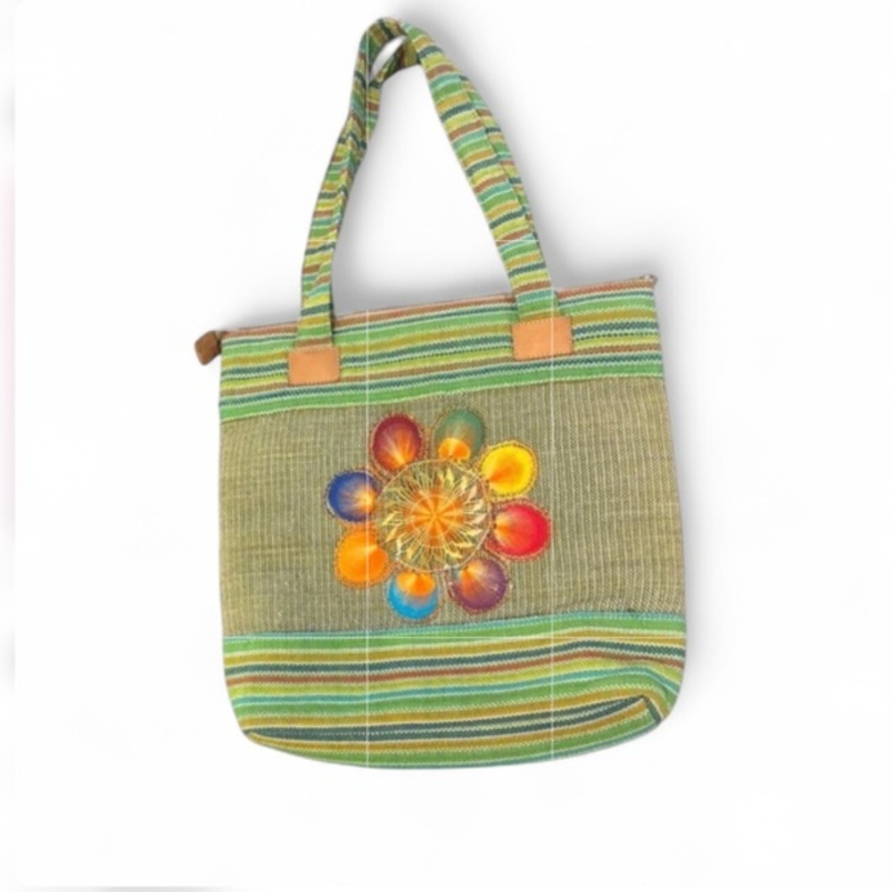 Boho Woven Tote Bag Rainbow Sunburst Embroidered Large Market Beach Artisan